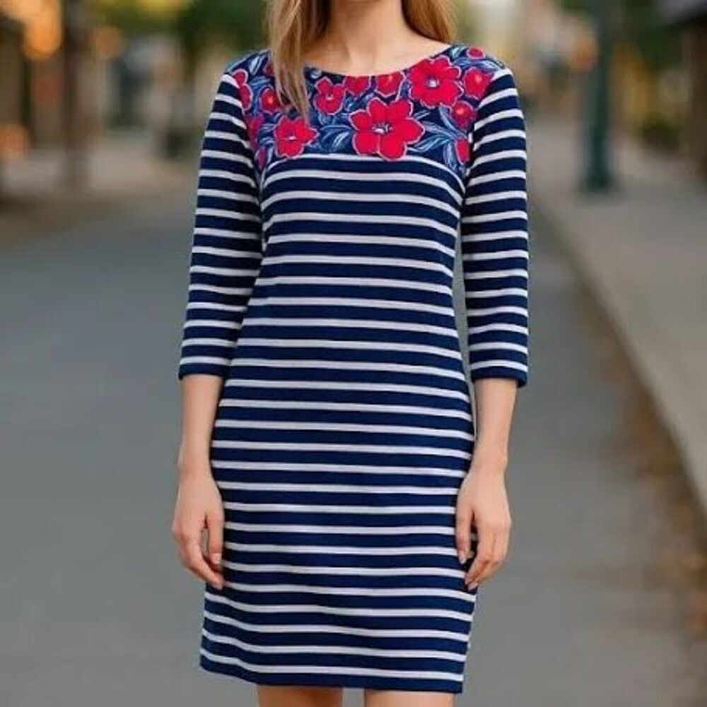 Talbots Size L Petite Blue & White Stripe Shift Dress Red Floral Neck 3/4 Sleeve - Picture 4 of 12